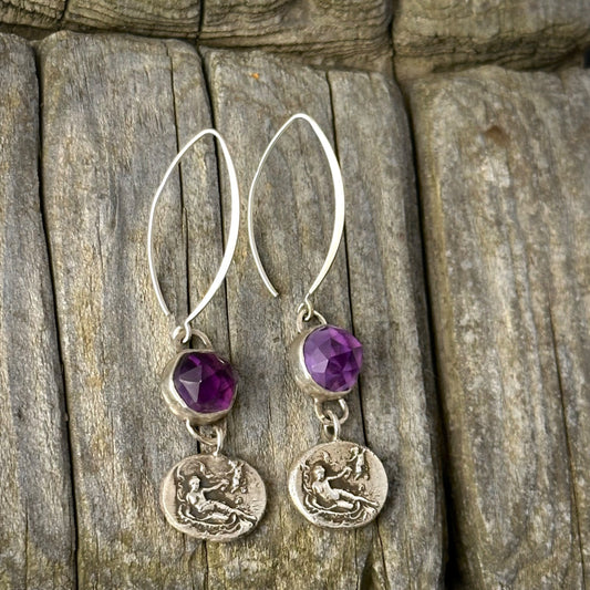 Faceted amethyst maiden coin dangle earrings